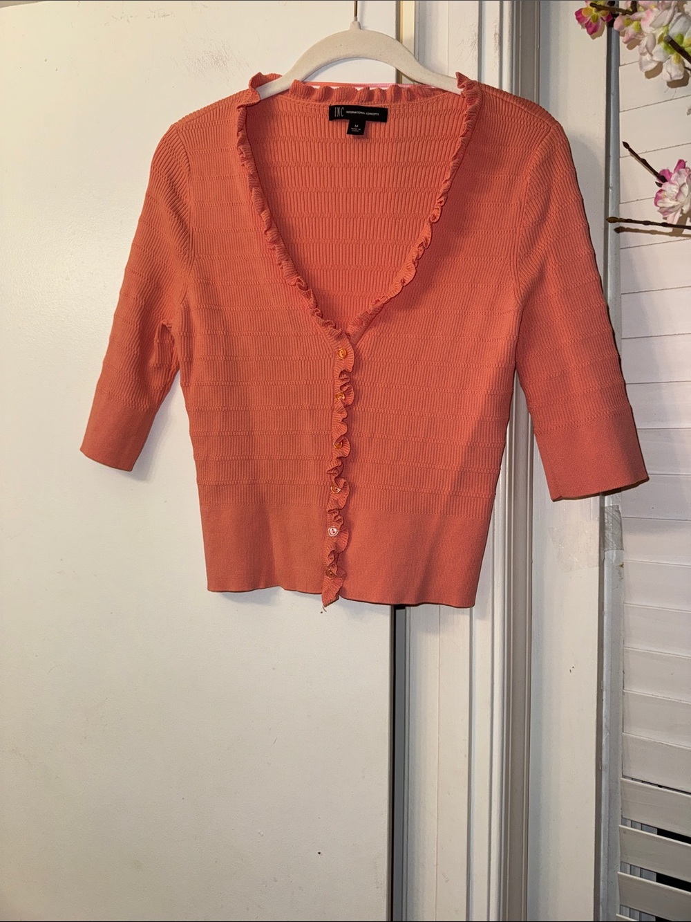 INC International Concepts Coral V-Neck Ruffle-Trim Short Sleeve Cardigan